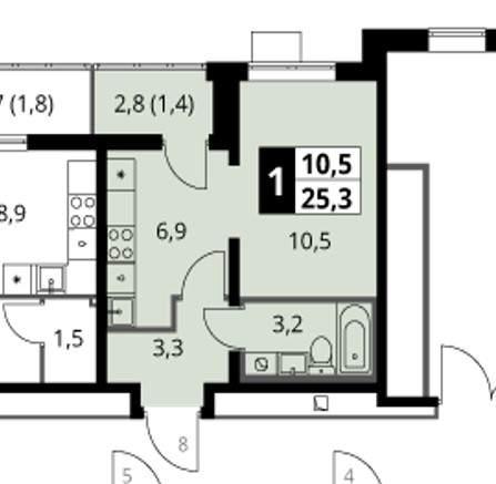 1-комнатная квартира, 25.3 м2