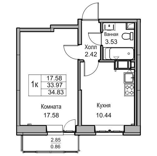 1-комнатная квартира, 34.8 м2