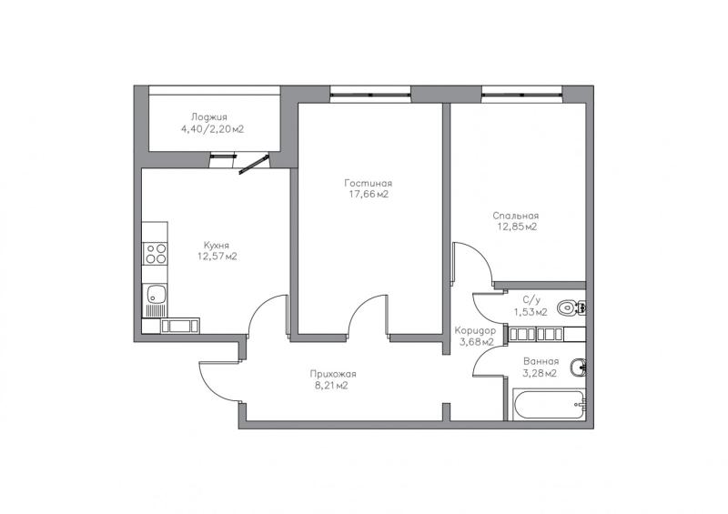 2-комнатная квартира, 61.98 м2