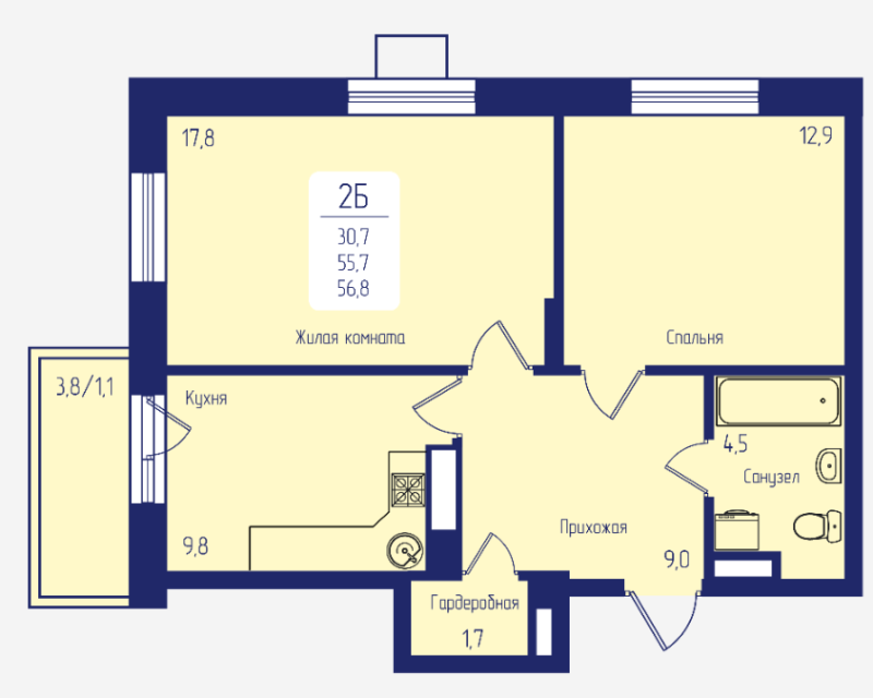 2-комнатная квартира, 56.8 м2