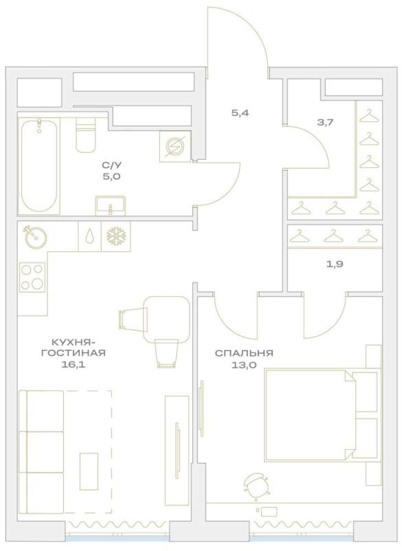 1-комнатная квартира, 45.1 м2