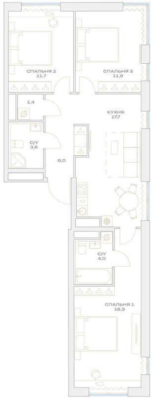 3-комнатная квартира, 74.6 м2