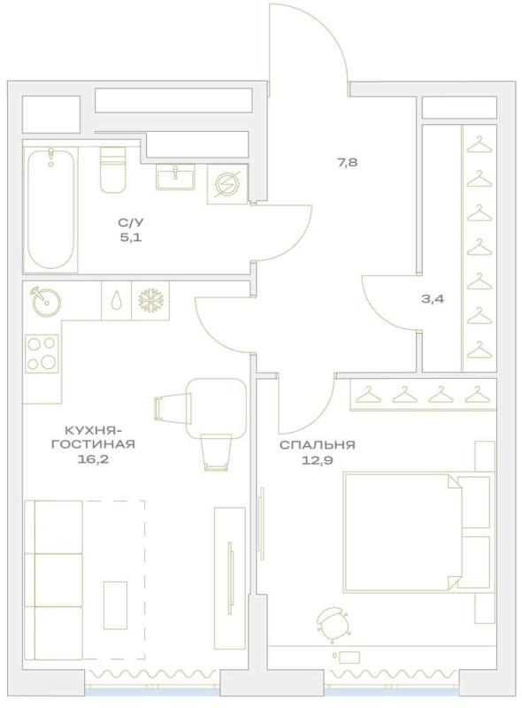 1-комнатная квартира, 45.4 м2