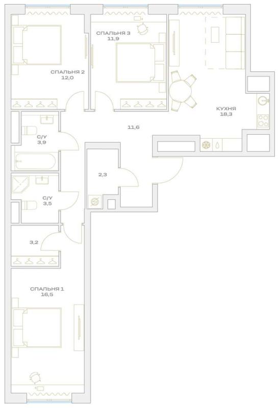 3-комнатная квартира, 83.2 м2