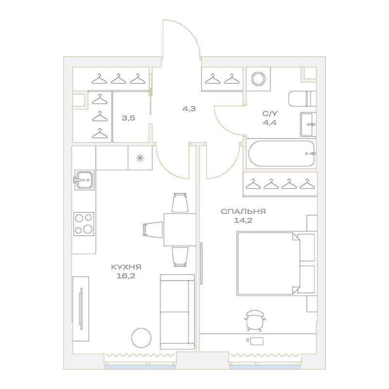 1-комнатная квартира, 42.6 м2