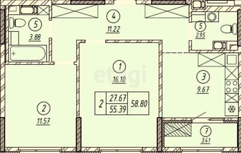 2-комнатная квартира, 58.8 м2