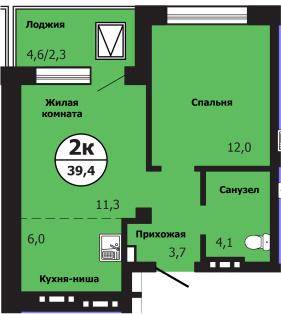 2-комнатная квартира, 39.4 м2