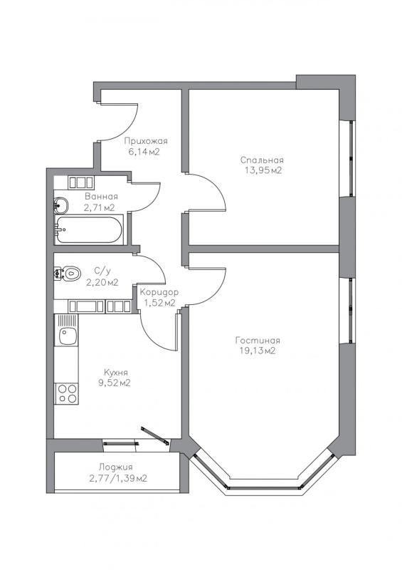 2-комнатная квартира, 56.56 м2