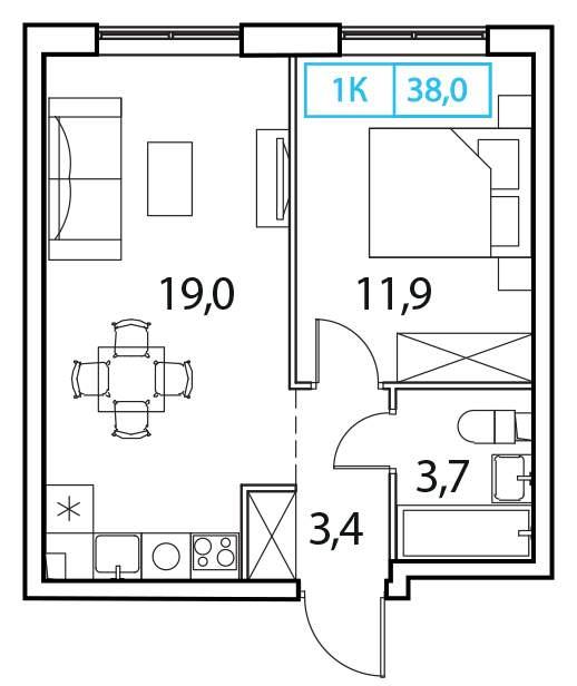 1-комн. квартира • 38 м2 • 17/18 этаж. Фото 3