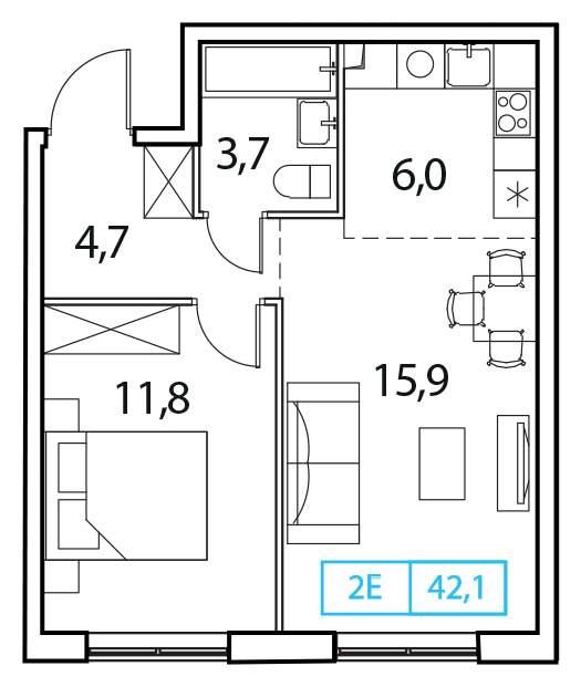 1-комн. квартира • 42.1 м2 • 2/18 этаж. Фото 3