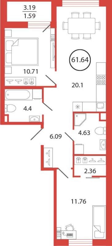 2-комн. квартира • 61.64 м2 • 2/12 этаж. Фото 2