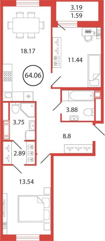 2-комн. квартира • 64.06 м2 • 11/12 этаж. Фото 2