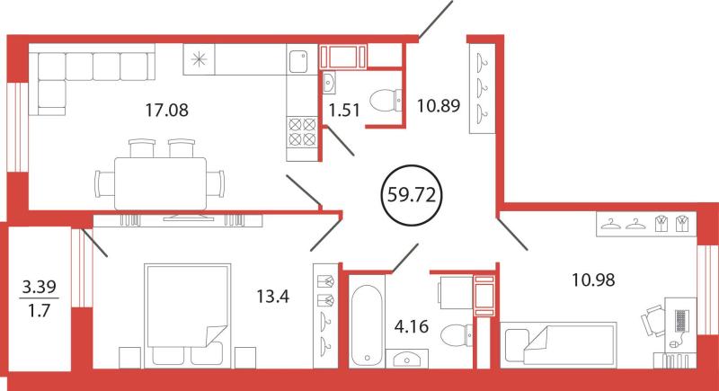 2-комн. квартира • 59.72 м2 • 12/12 этаж. Фото 2