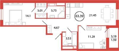 2-комн. квартира • 63.39 м2 • 10/12 этаж. Фото 2