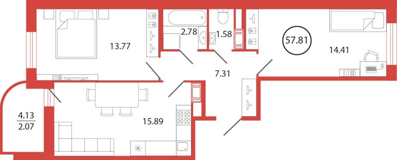 2-комн. квартира • 57.81 м2 • 5/12 этаж. Фото 2