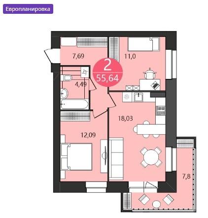 2-комнатная квартира, 55.64 м2