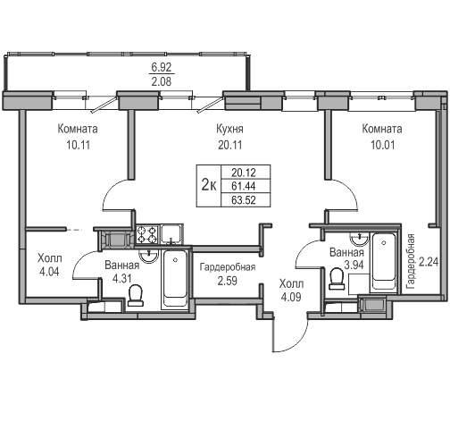 2-комнатная квартира, 61.44 м2