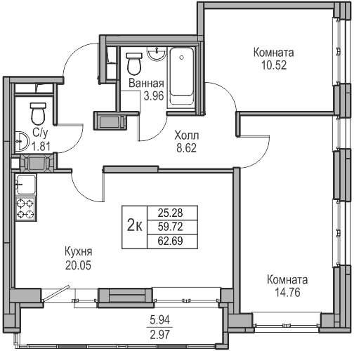 2-комнатная квартира, 59.72 м2