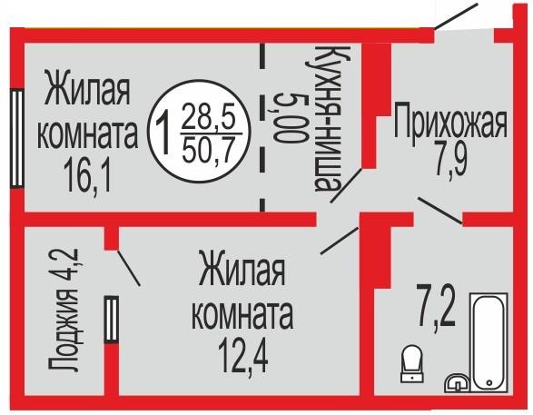 1-комнатная квартира, 50.7 м2