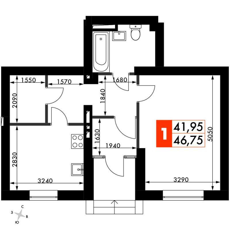 1-комн. квартира • 46.75 м2 • 1/4 этаж. Фото 2