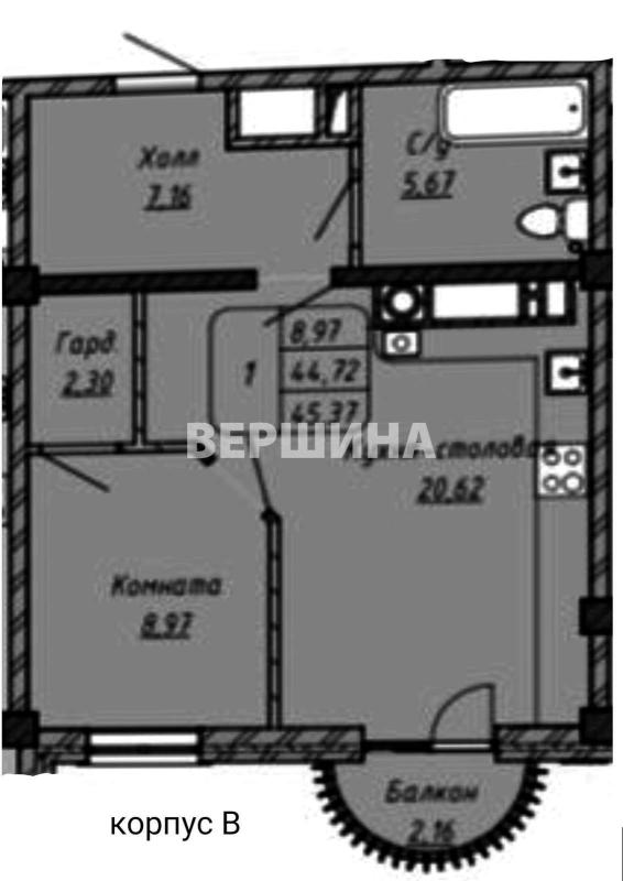 1-комнатная квартира, 44.72 м2