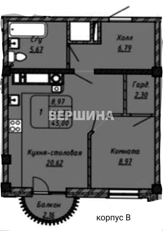 1-комнатная квартира, 44.35 м2