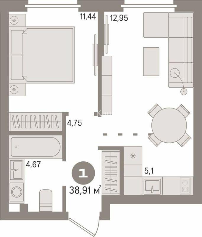 1-комнатная квартира, 39 м2