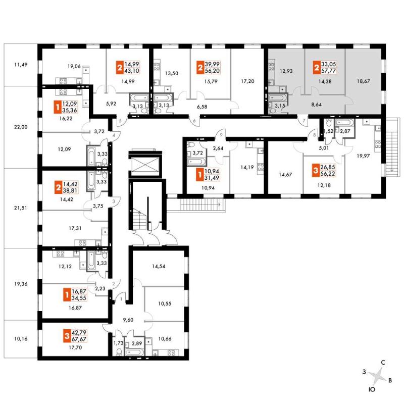 2-комнатная квартира, 57.6 м2