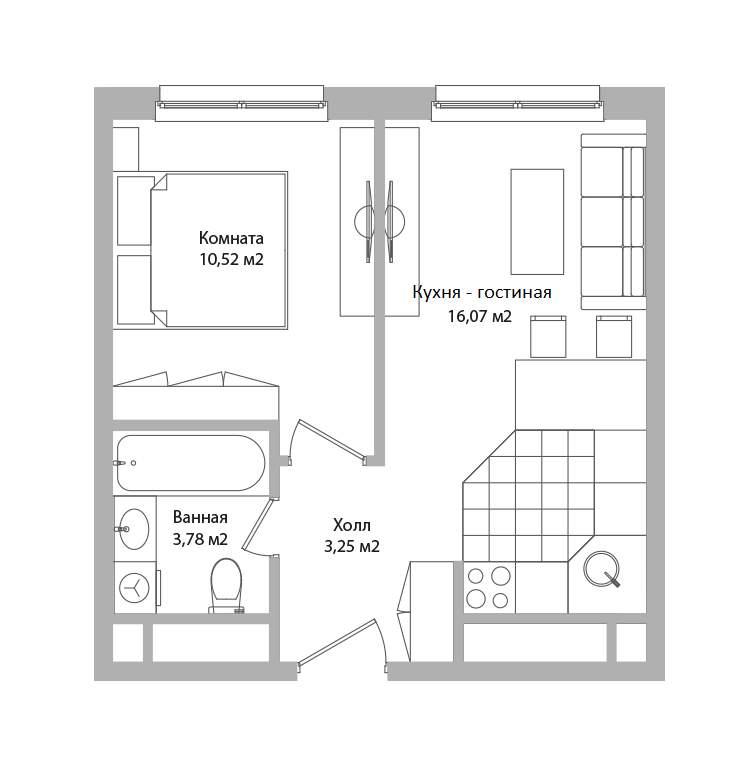 2-комнатная квартира, 33.6 м2