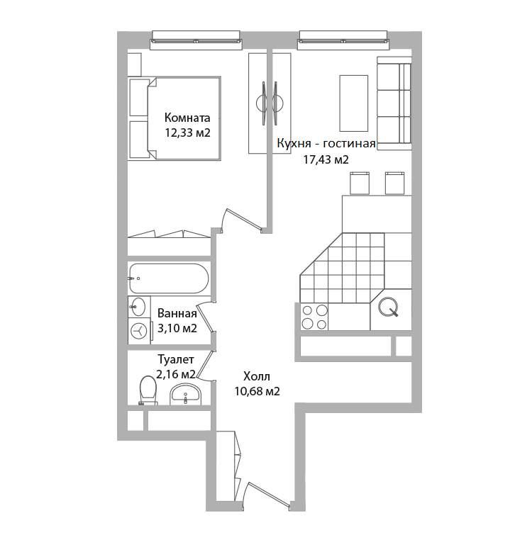 2-комнатная квартира, 45.7 м2