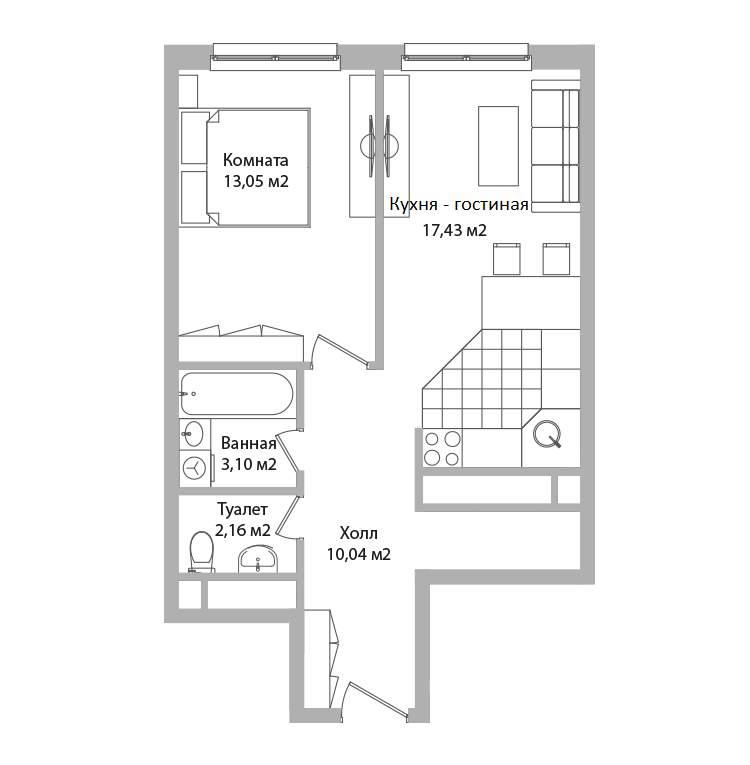 2-комнатная квартира, 45.8 м2