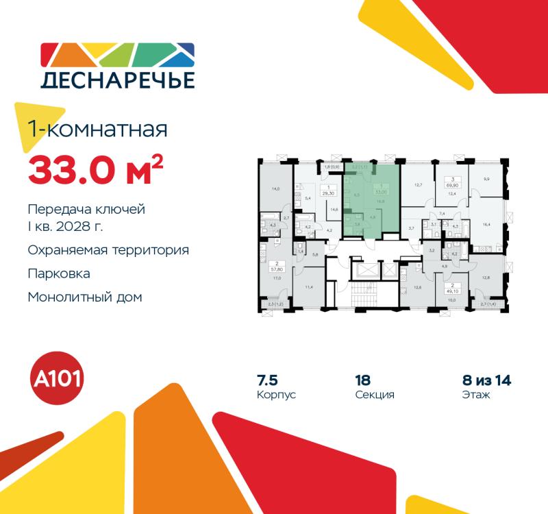 1-комн. квартира, 33 м², 8/14 этаж