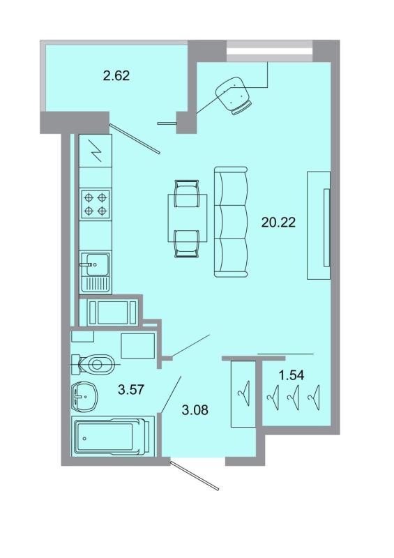 Новостройка-Студия, 29.2 м², 15/15 этаж