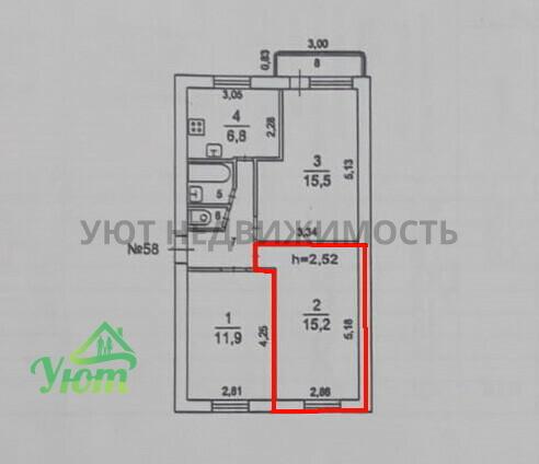 1 комната в 2-комнатной квартире, 15.2 м2